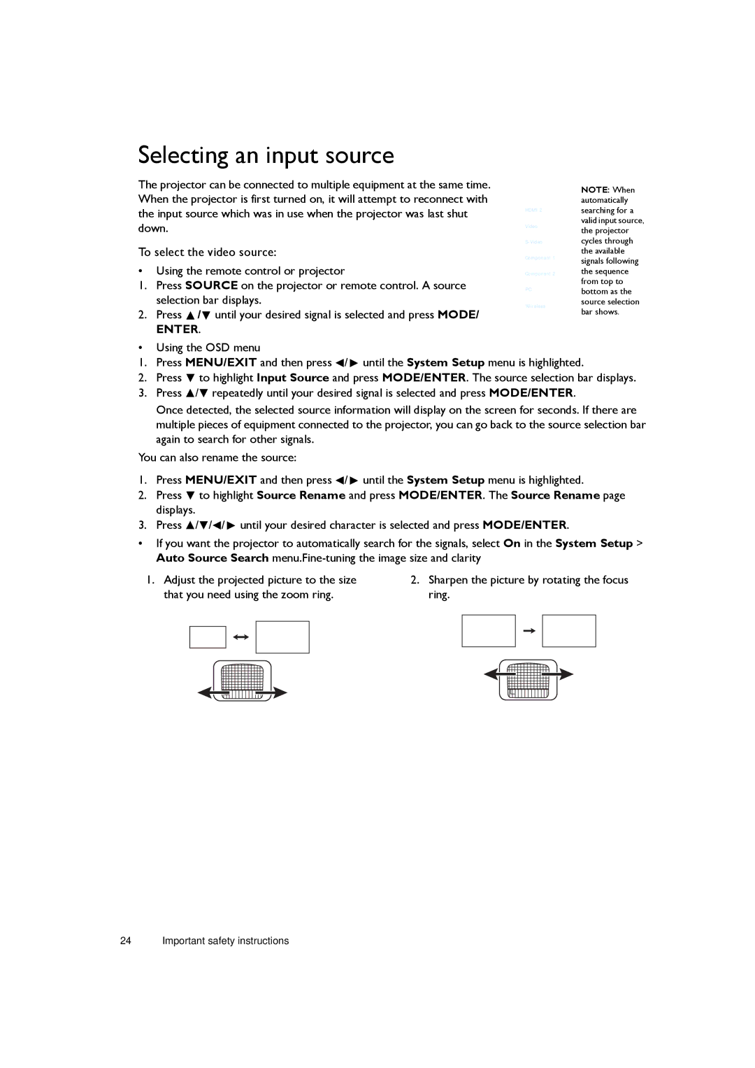 BenQ W1500 user manual Selecting an input source, Sharpen the picture by rotating the focus ring 