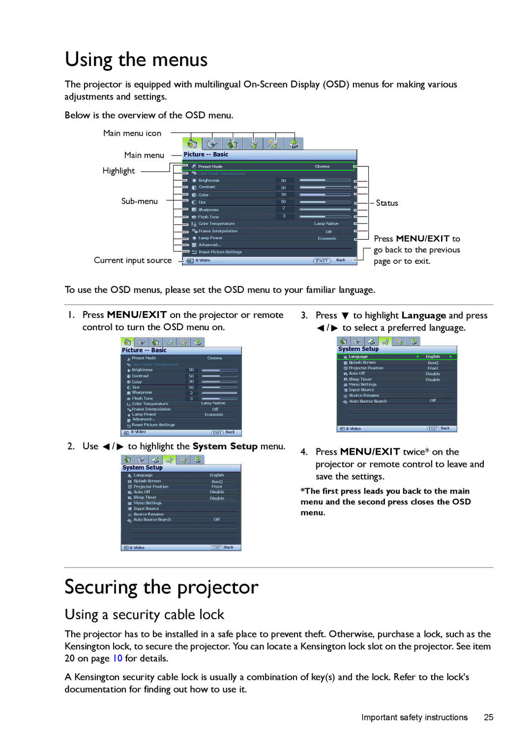 BenQ W1500 Using the menus, Securing the projector, Using a security cable lock, Use / to highlight the System Setup menu 