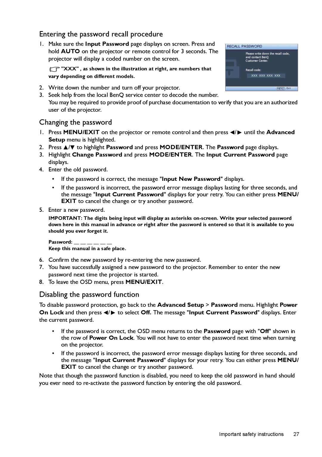 BenQ W1500 user manual Entering the password recall procedure, Changing the password, Disabling the password function 