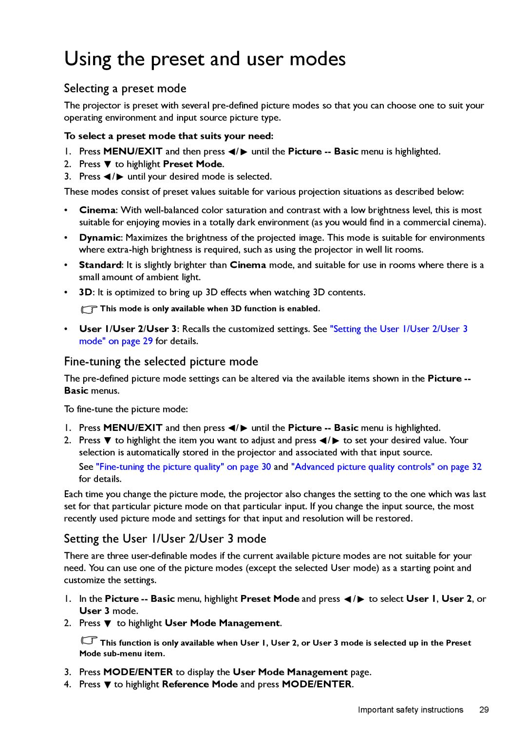 BenQ W1500 user manual Using the preset and user modes, Selecting a preset mode, Fine-tuning the selected picture mode 