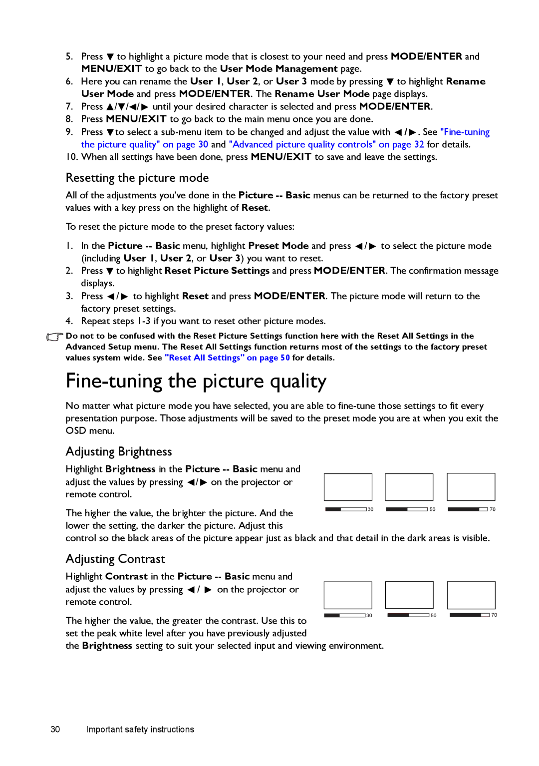 BenQ W1500 Fine-tuning the picture quality, Resetting the picture mode, Adjusting Brightness, Adjusting Contrast 