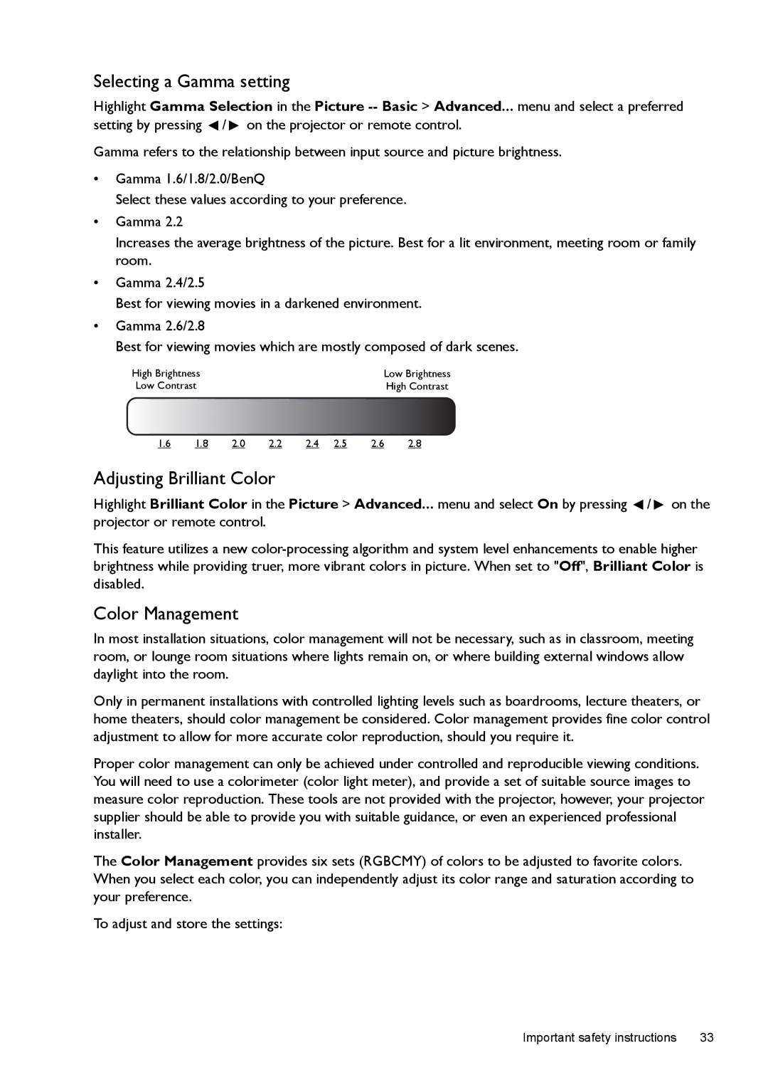 BenQ W1500 user manual Selecting a Gamma setting, Adjusting Brilliant Color, Color Management 