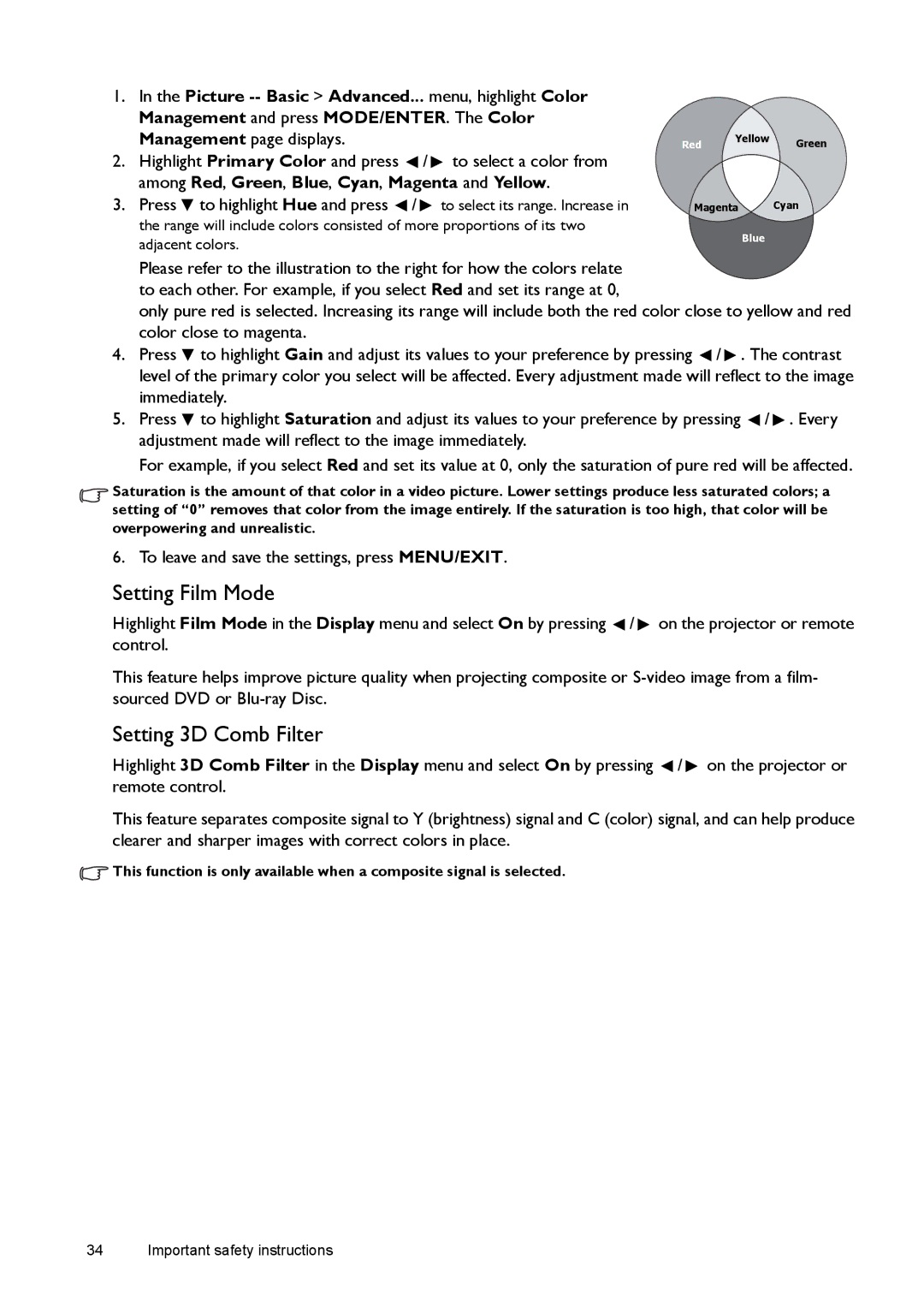 BenQ W1500 user manual Setting Film Mode, Setting 3D Comb Filter, To leave and save the settings, press MENU/EXIT 