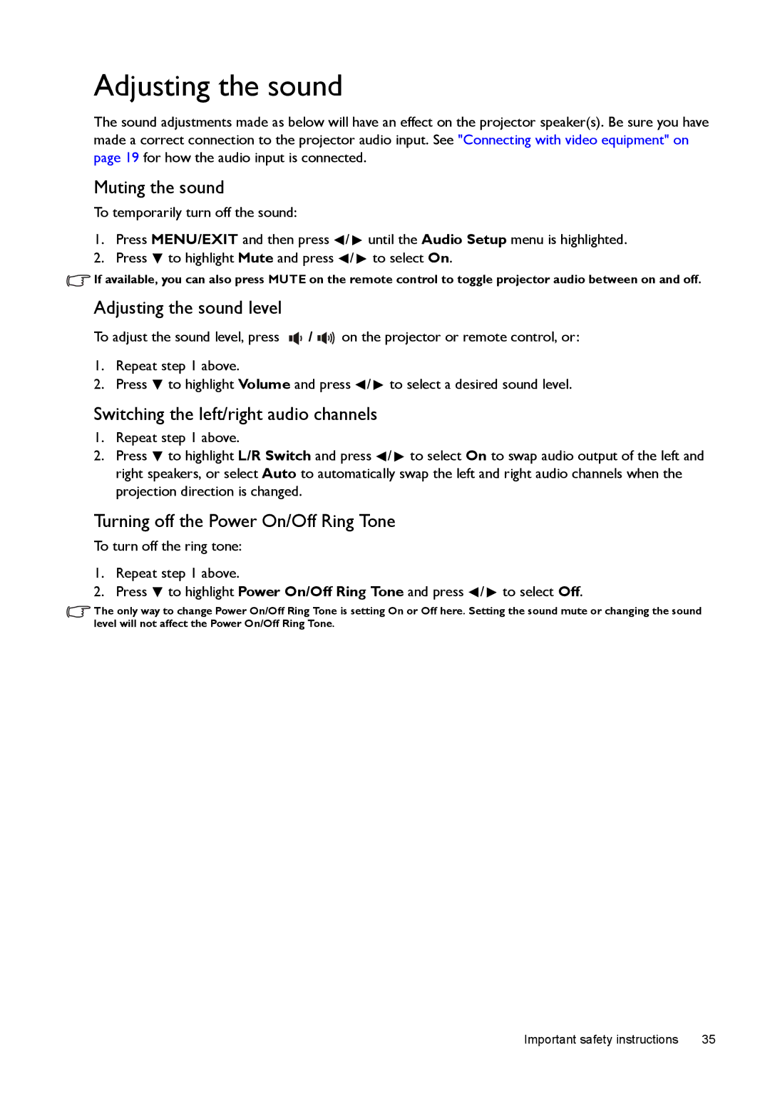 BenQ W1500 user manual Muting the sound, Adjusting the sound level, Switching the left/right audio channels 