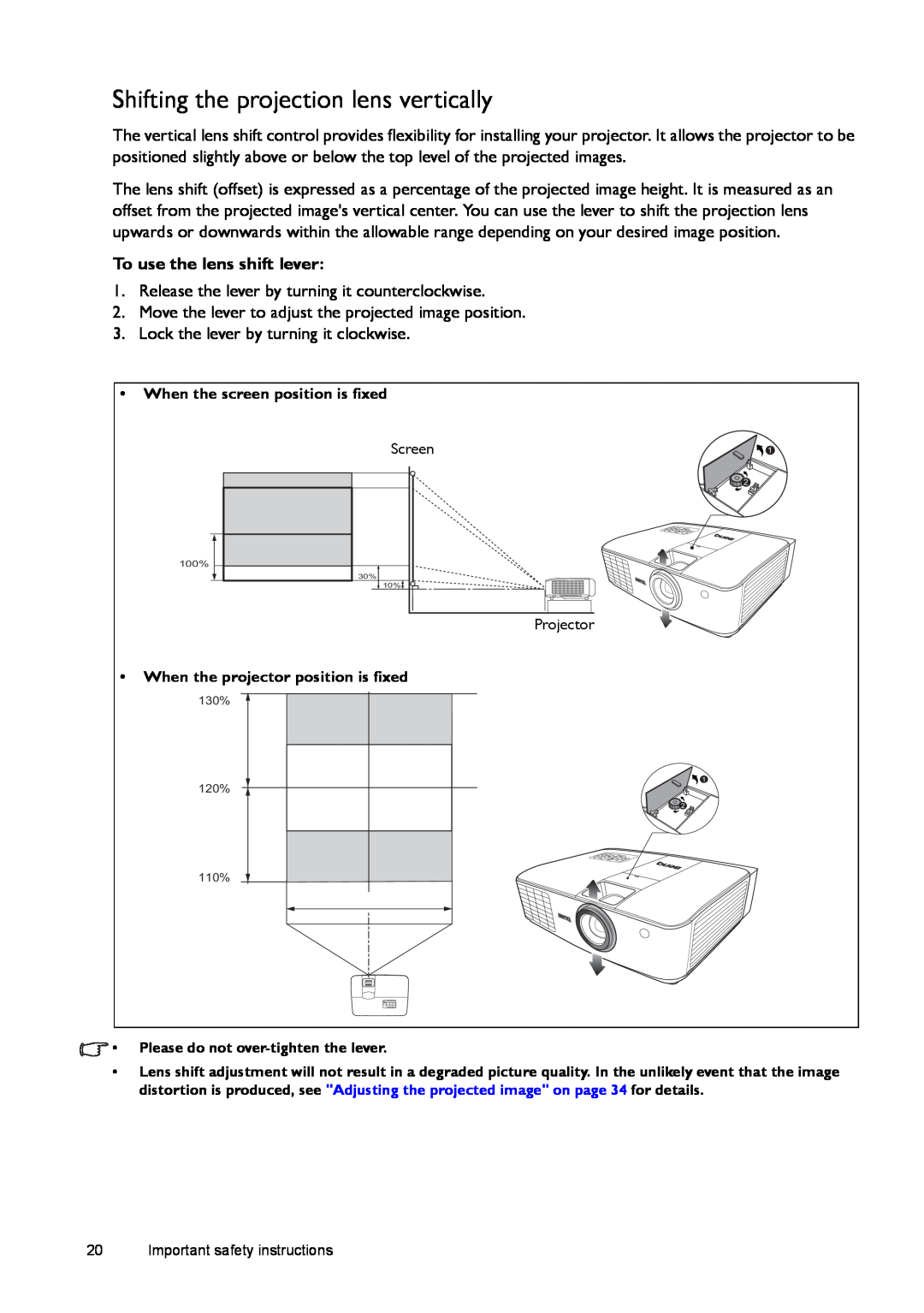 BenQ W1500 user manual Shifting the projection lens vertically, To use the lens shift lever 