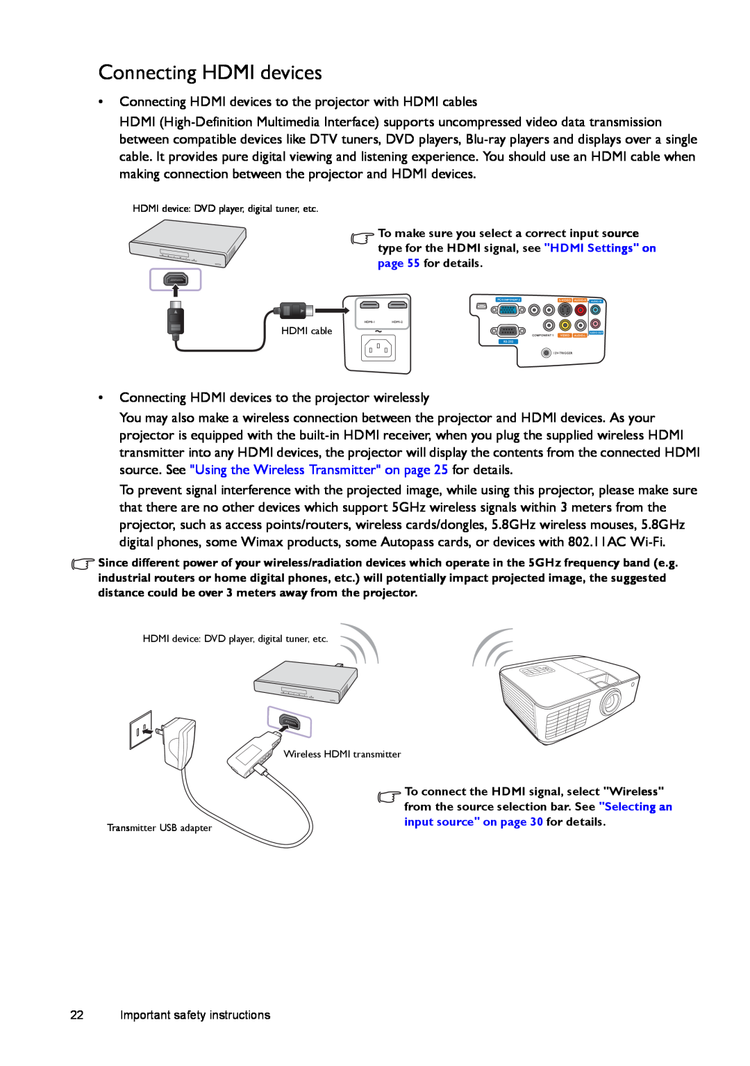 BenQ W1500 user manual Connecting HDMI devices to the projector with HDMI cables 