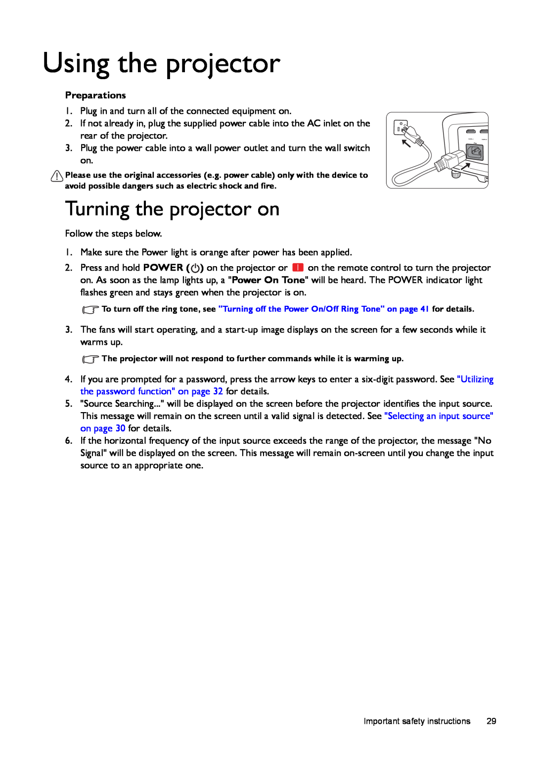 BenQ W1500 user manual Using the projector, Turning the projector on 
