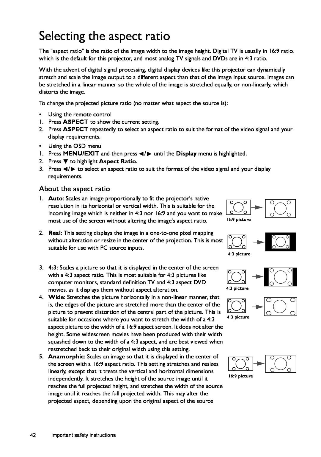 BenQ W1500 user manual Selecting the aspect ratio, About the aspect ratio 