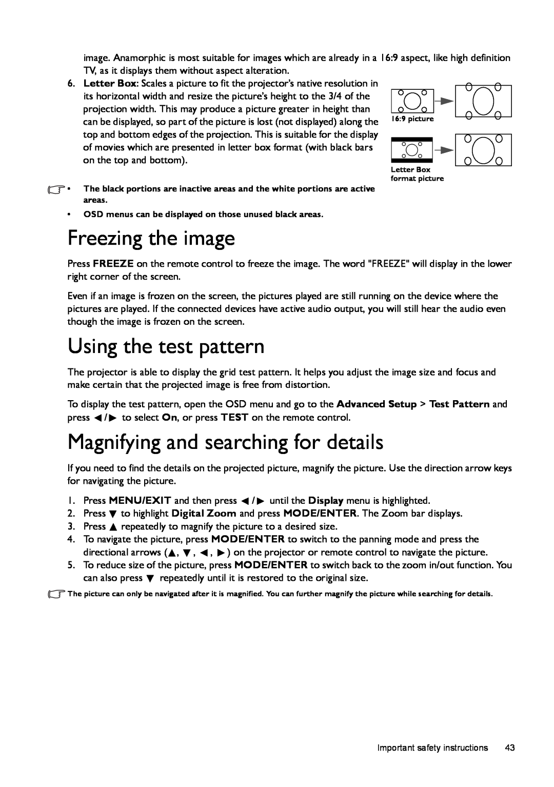 BenQ W1500 user manual Freezing the image, Using the test pattern, Magnifying and searching for details 
