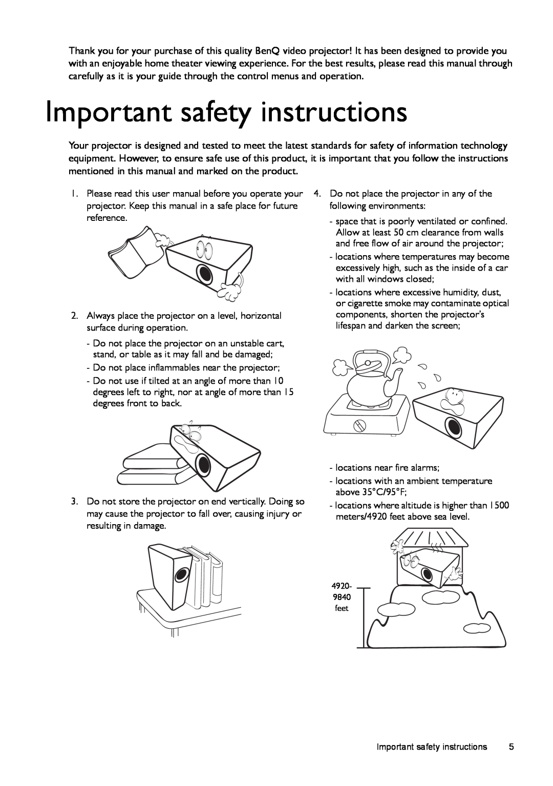 BenQ W1500 user manual Important safety instructions 