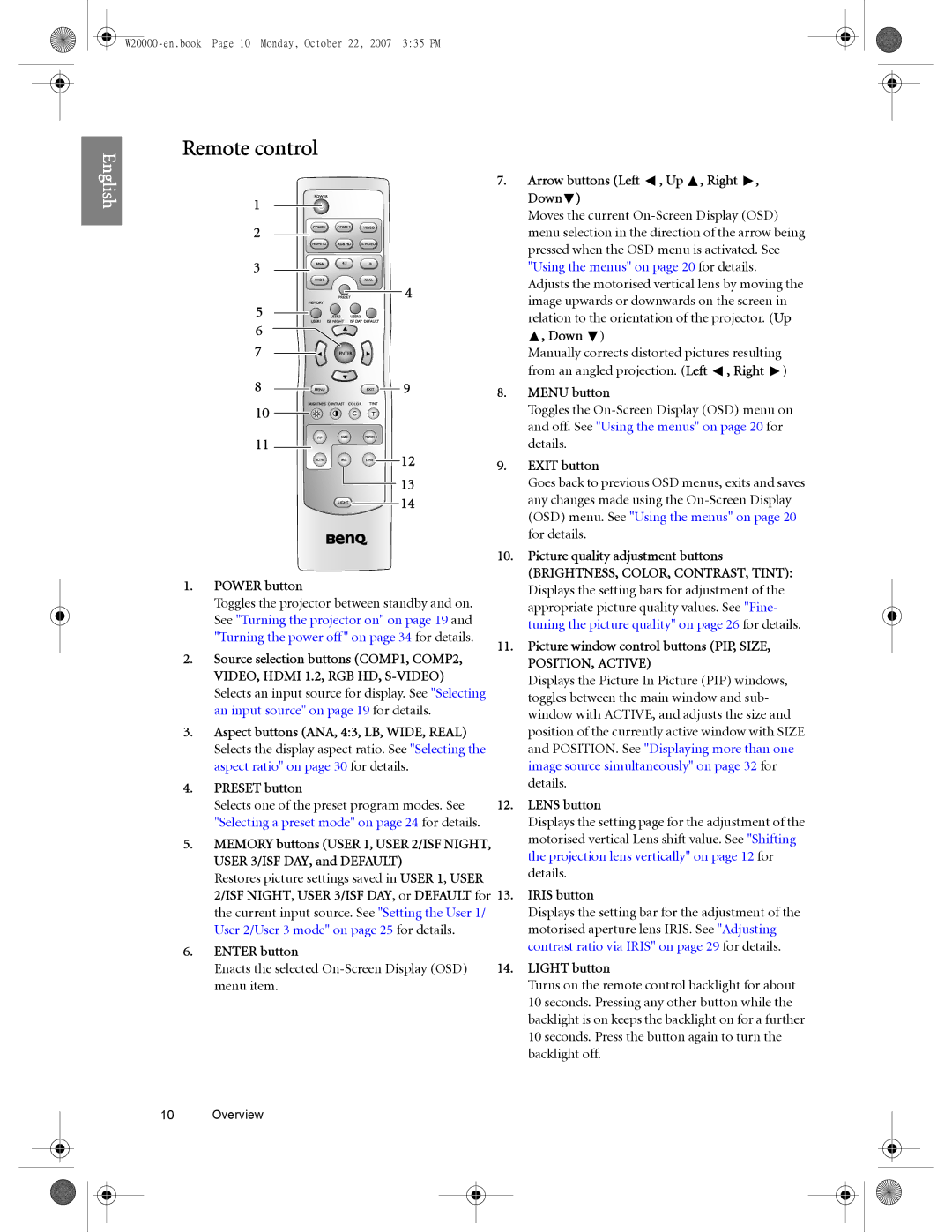 BenQ W20000, W5000 user manual Remote control 