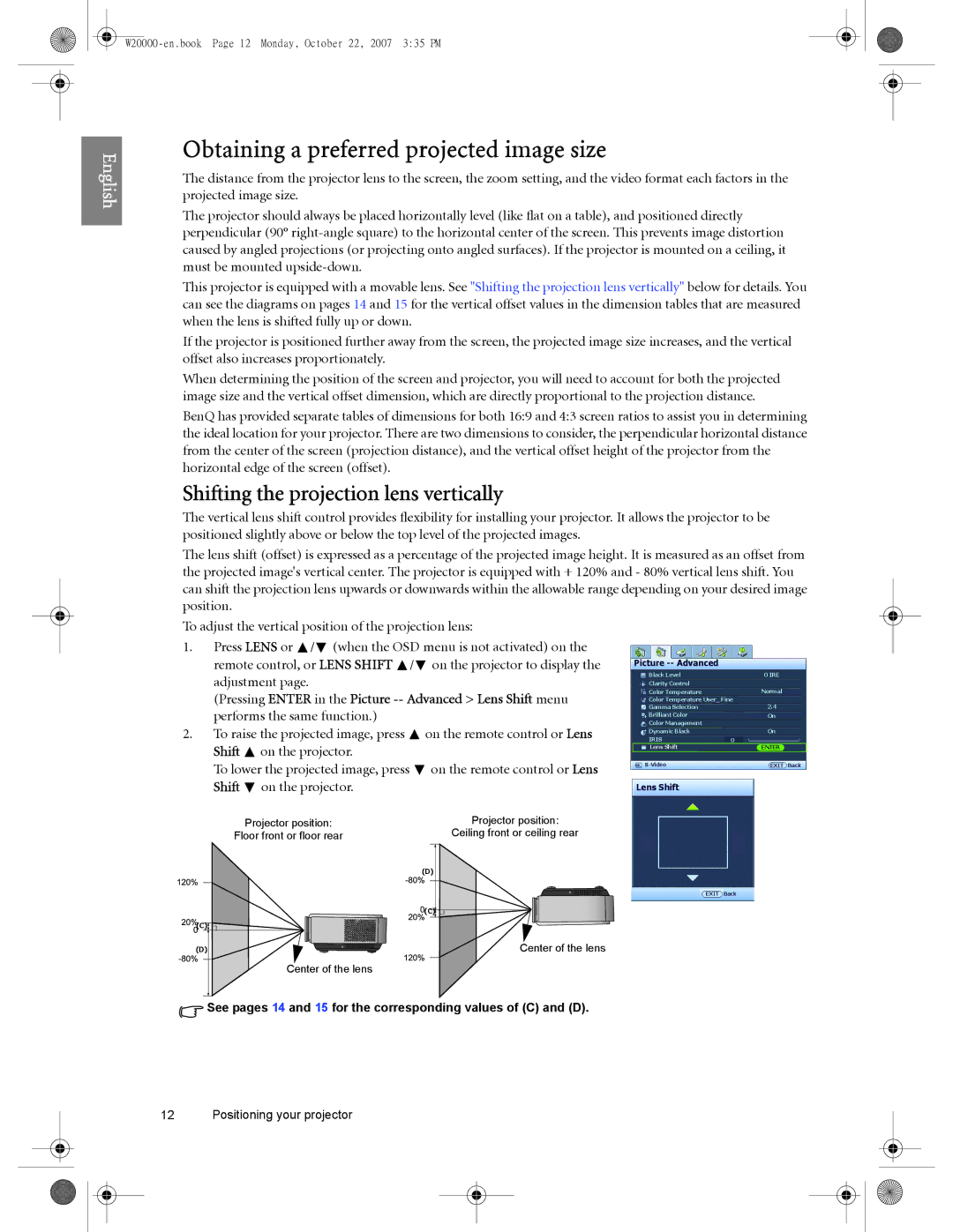 BenQ W20000, W5000 user manual Obtaining a preferred projected image size, Shifting the projection lens vertically 