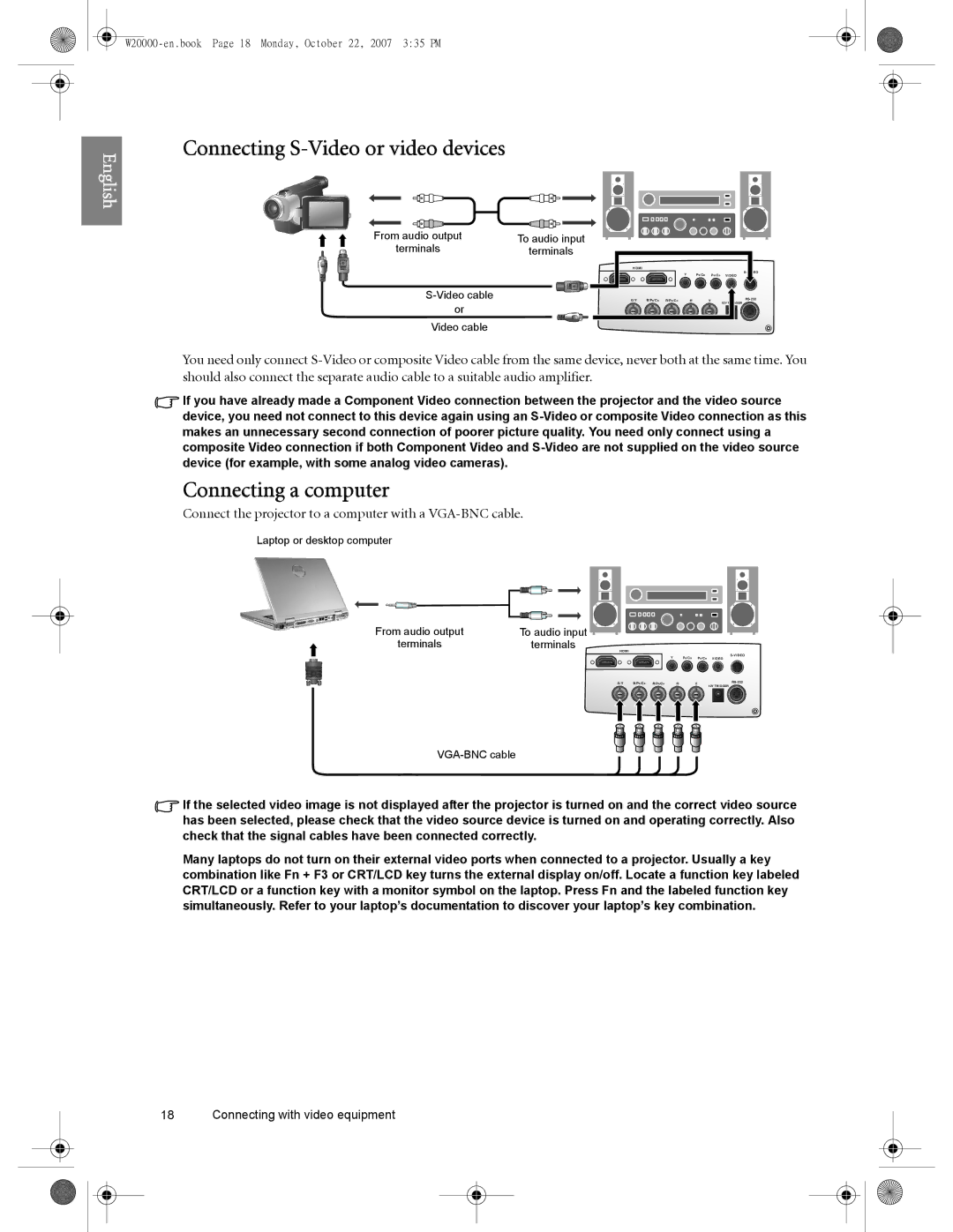 BenQ W20000, W5000 user manual Connecting S-Video or video devices, Connecting a computer 