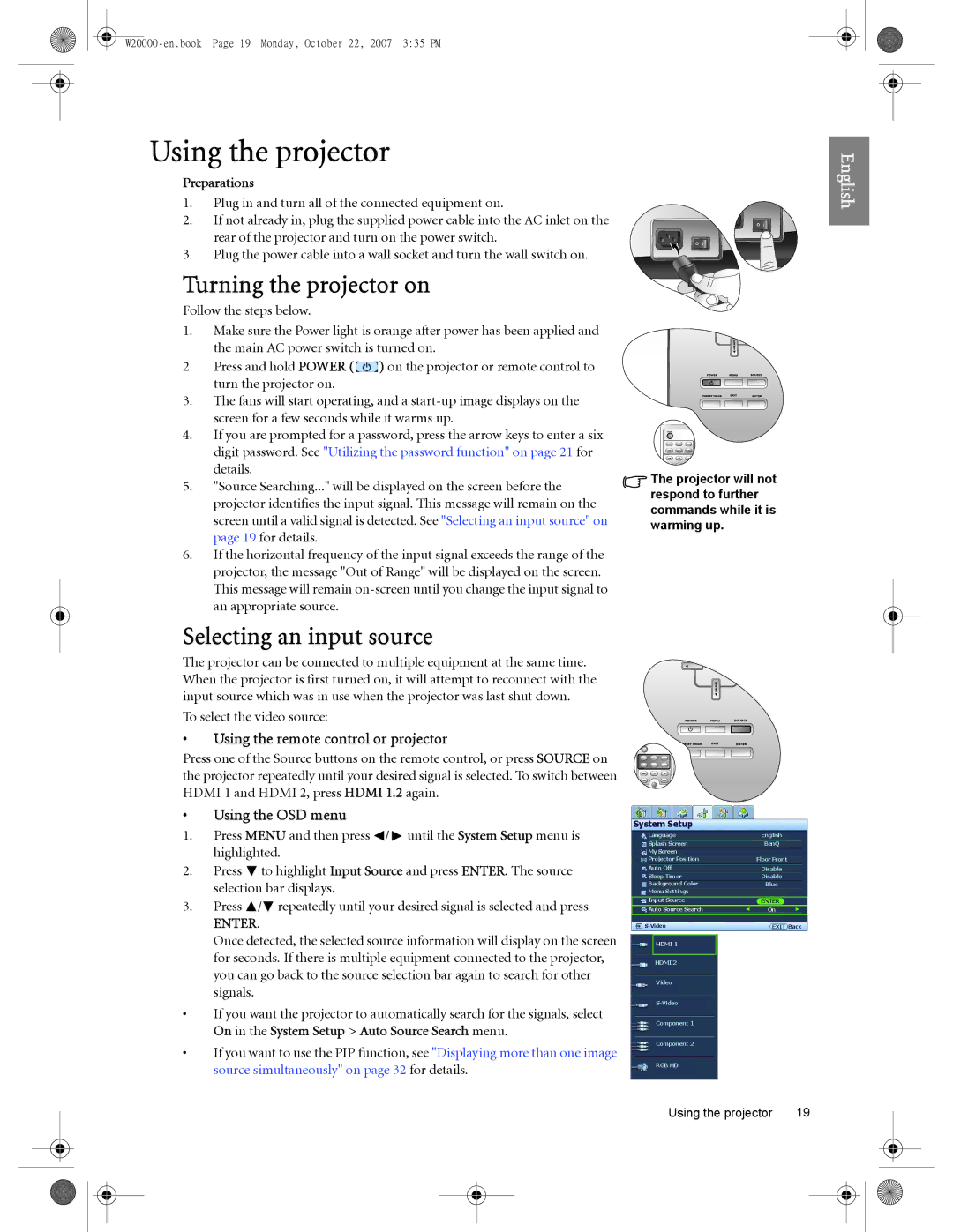 BenQ W5000 Using the projector, Turning the projector on, Selecting an input source, Using the remote control or projector 