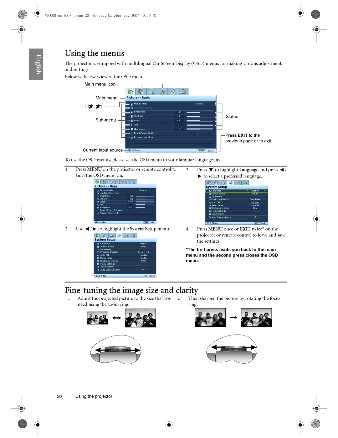 BenQ W20000, W5000 Using the menus, Fine-tuning the image size and clarity, Use / to highlight the System Setup menu 