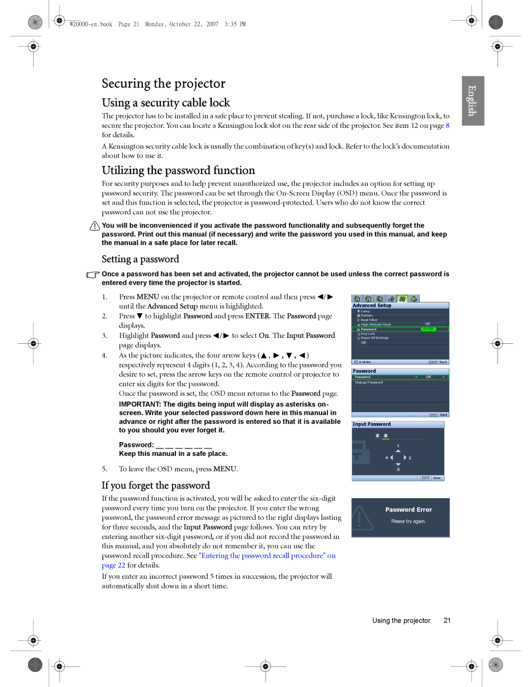 BenQ W5000 Securing the projector, Using a security cable lock, Utilizing the password function, Setting a password 