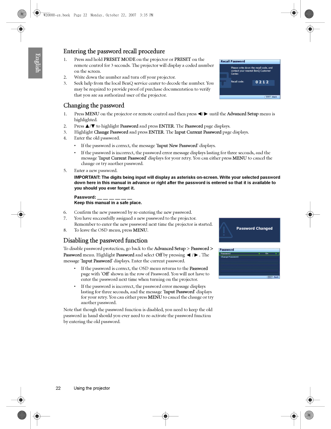 BenQ W20000, W5000 Entering the password recall procedure, Changing the password, Disabling the password function 