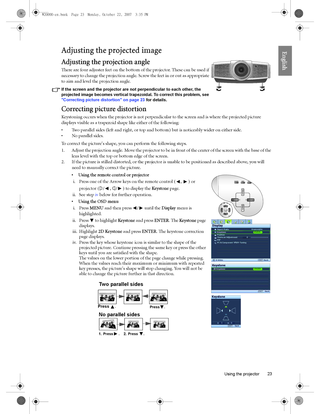 BenQ W5000 Adjusting the projected image, Adjusting the projection angle, Correcting picture distortion, No parallel sides 