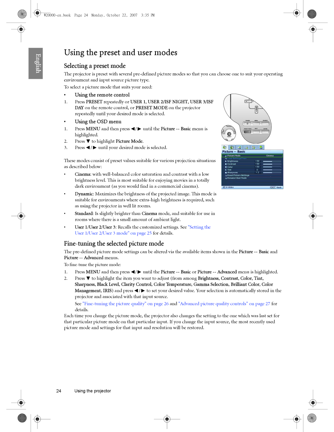 BenQ W20000, W5000 Using the preset and user modes, Selecting a preset mode, Fine-tuning the selected picture mode 