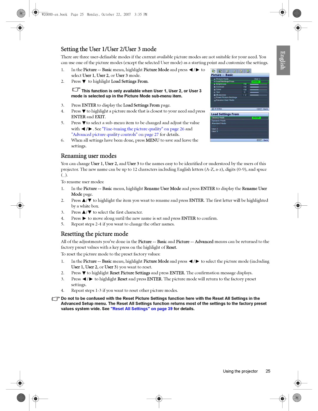 BenQ W5000, W20000 Setting the User 1/User 2/User 3 mode, Renaming user modes, Resetting the picture mode, Enter and Exit 