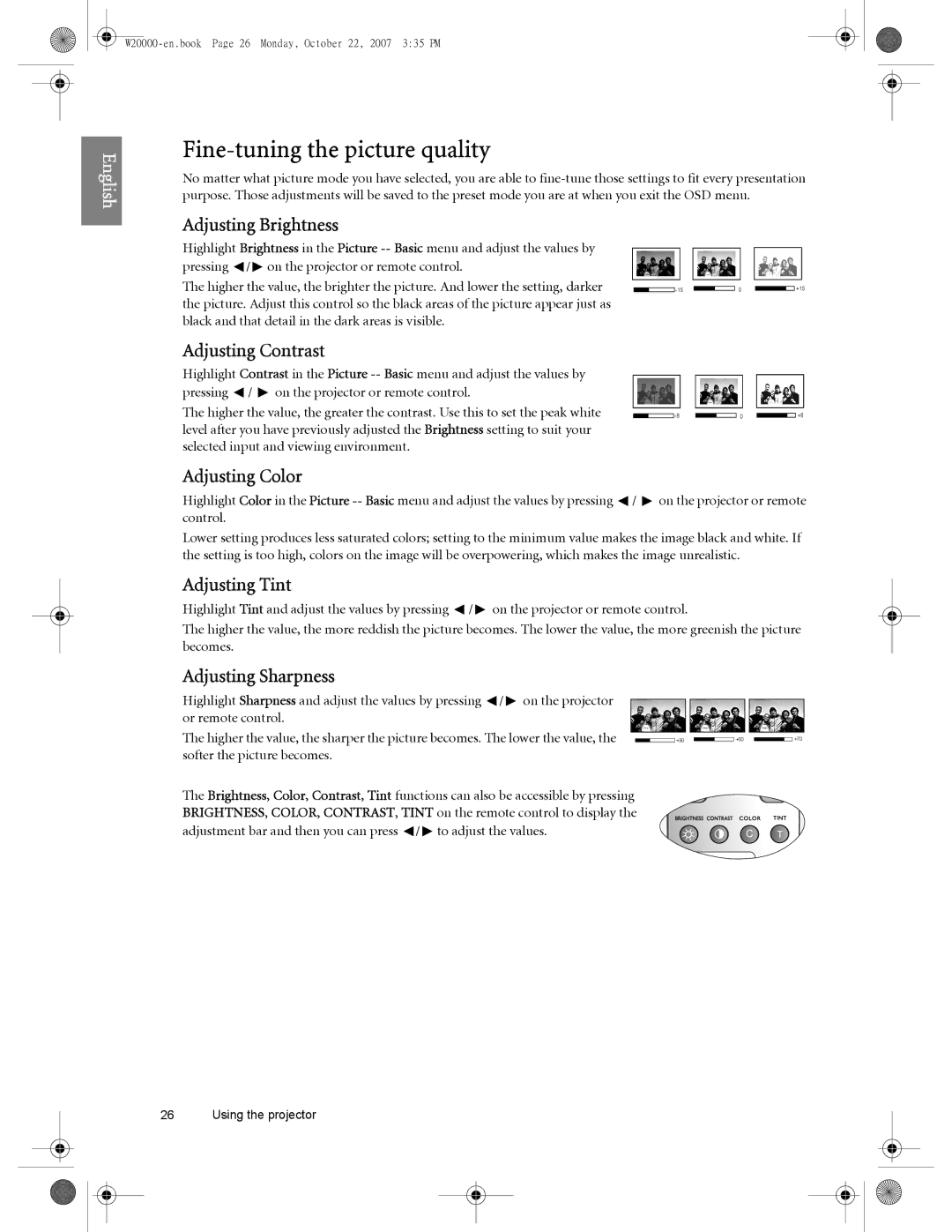 BenQ W20000, W5000 user manual Fine-tuning the picture quality 