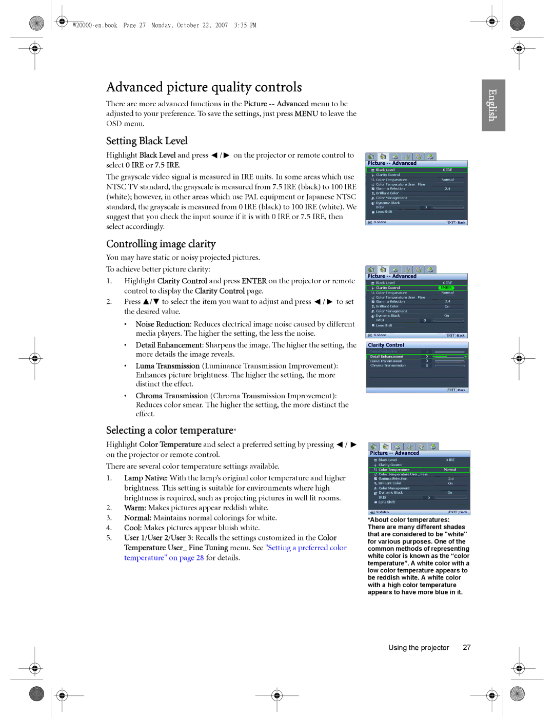 BenQ W5000, W20000 user manual Advanced picture quality controls, Setting Black Level, Controlling image clarity 