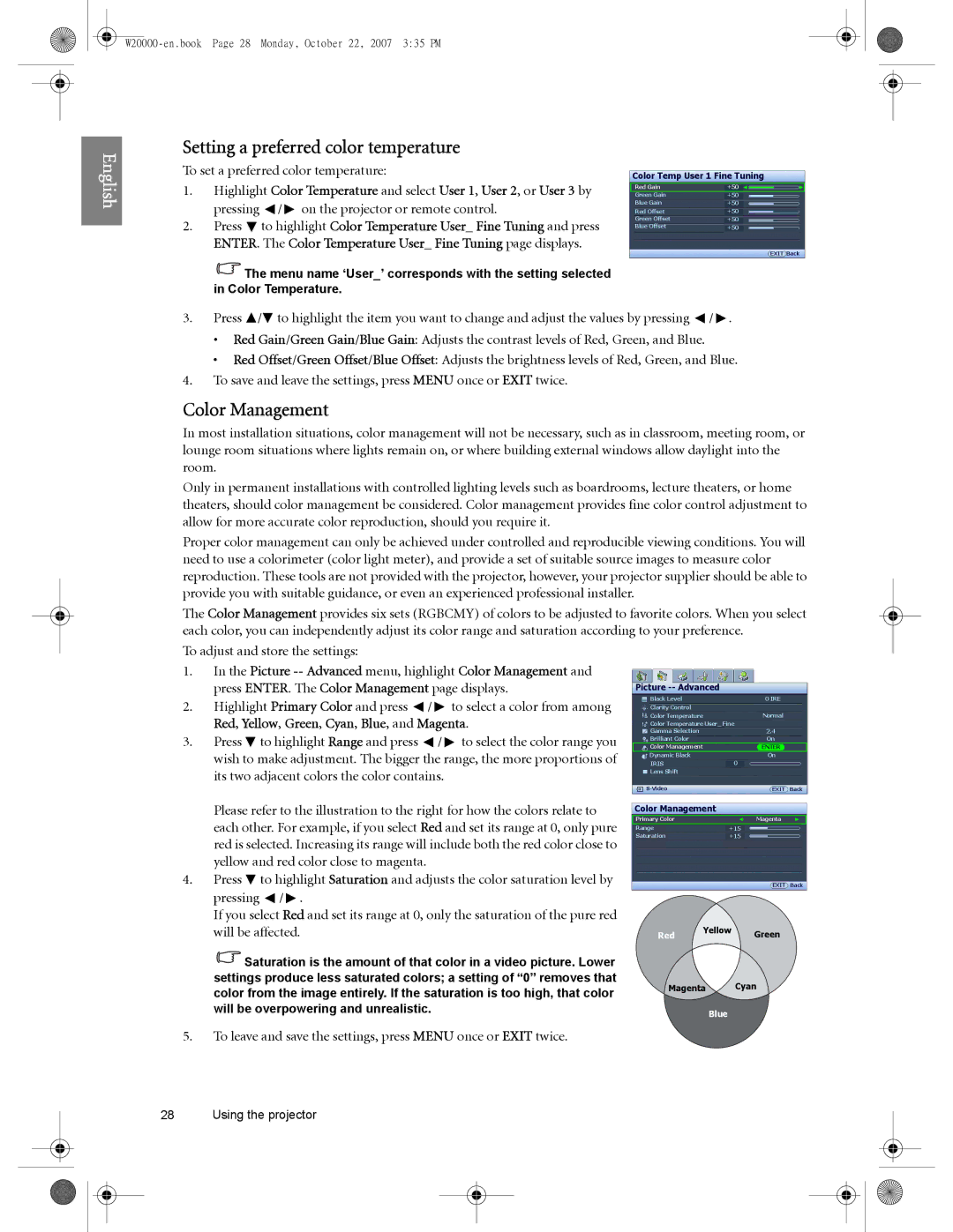 BenQ W20000, W5000 user manual Setting a preferred color temperature, Color Management, To set a preferred color temperature 