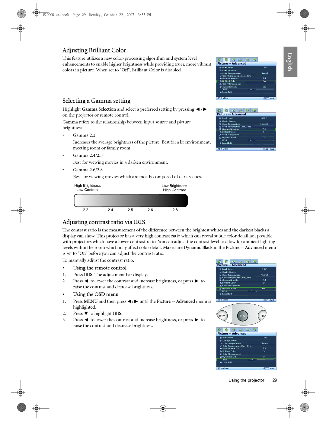 BenQ W5000, W20000 user manual Adjusting Brilliant Color, Selecting a Gamma setting, Adjusting contrast ratio via Iris 