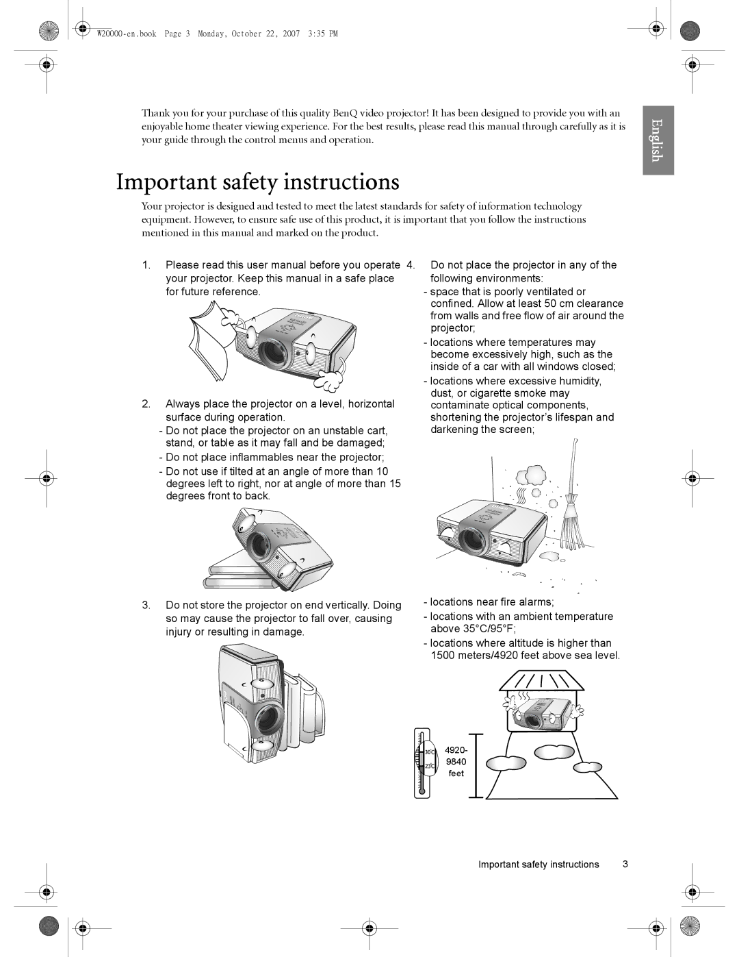 BenQ W5000, W20000 user manual Important safety instructions 