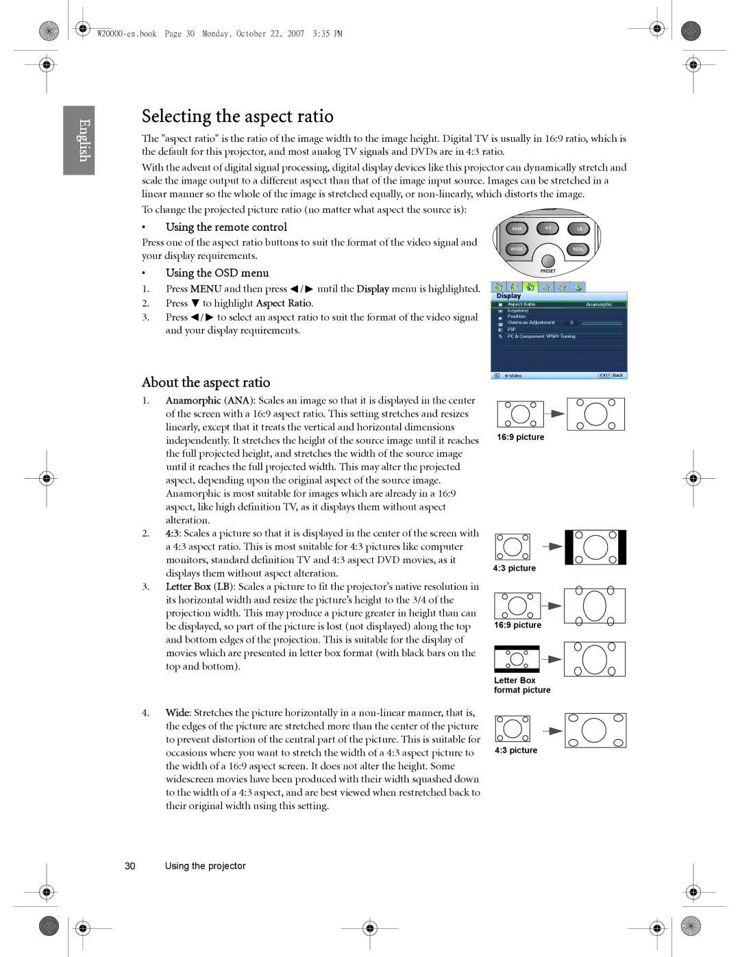 BenQ W20000, W5000 user manual Selecting the aspect ratio, About the aspect ratio, Their original width using this setting 