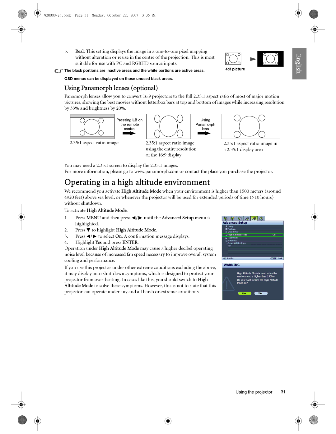 BenQ W5000, W20000 user manual Operating in a high altitude environment, Using Panamorph lenses optional, Aspect ratio image 