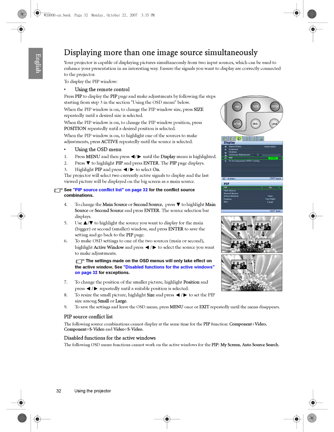 BenQ W20000, W5000 user manual Displaying more than one image source simultaneously, PIP source conflict list 