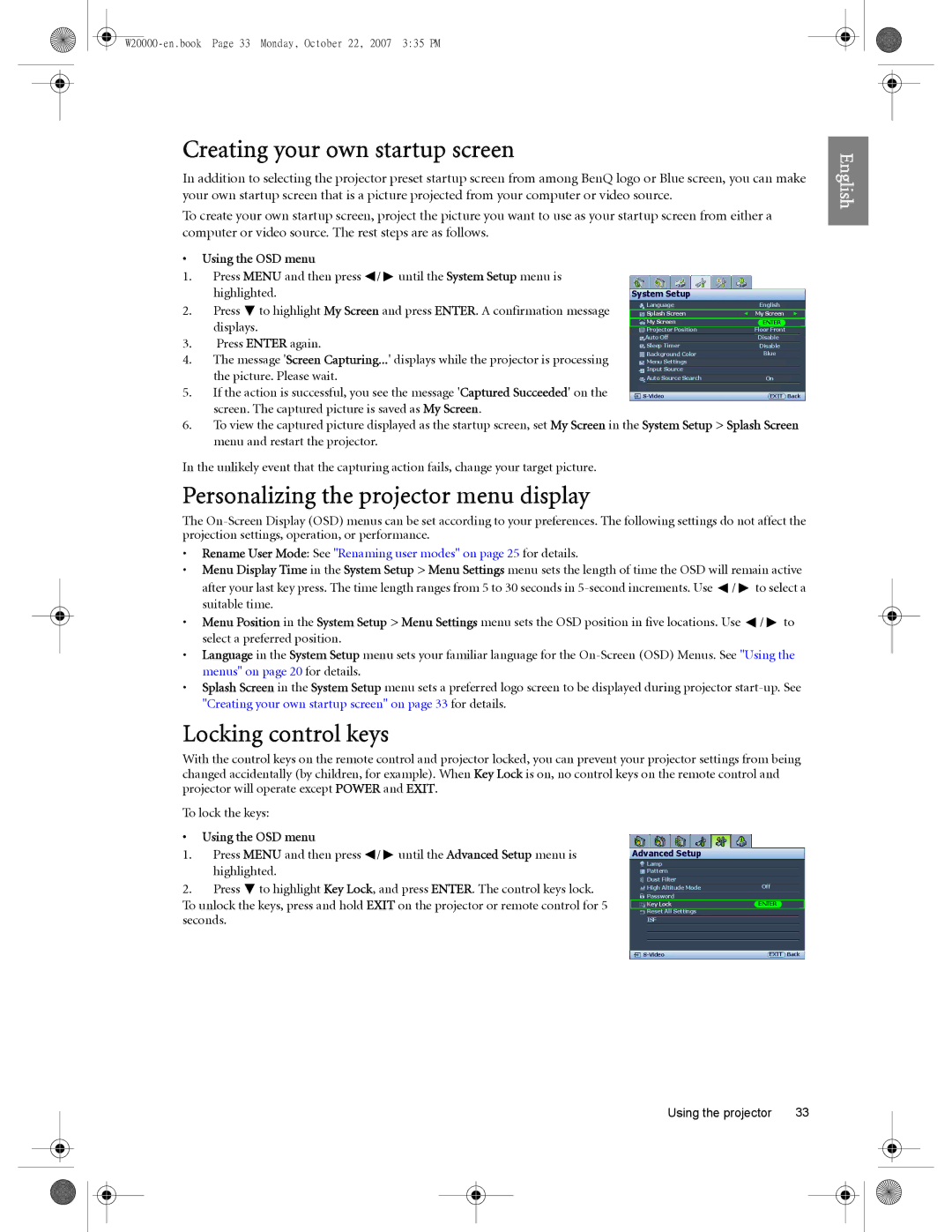 BenQ W5000, W20000 Creating your own startup screen, Personalizing the projector menu display, Locking control keys 