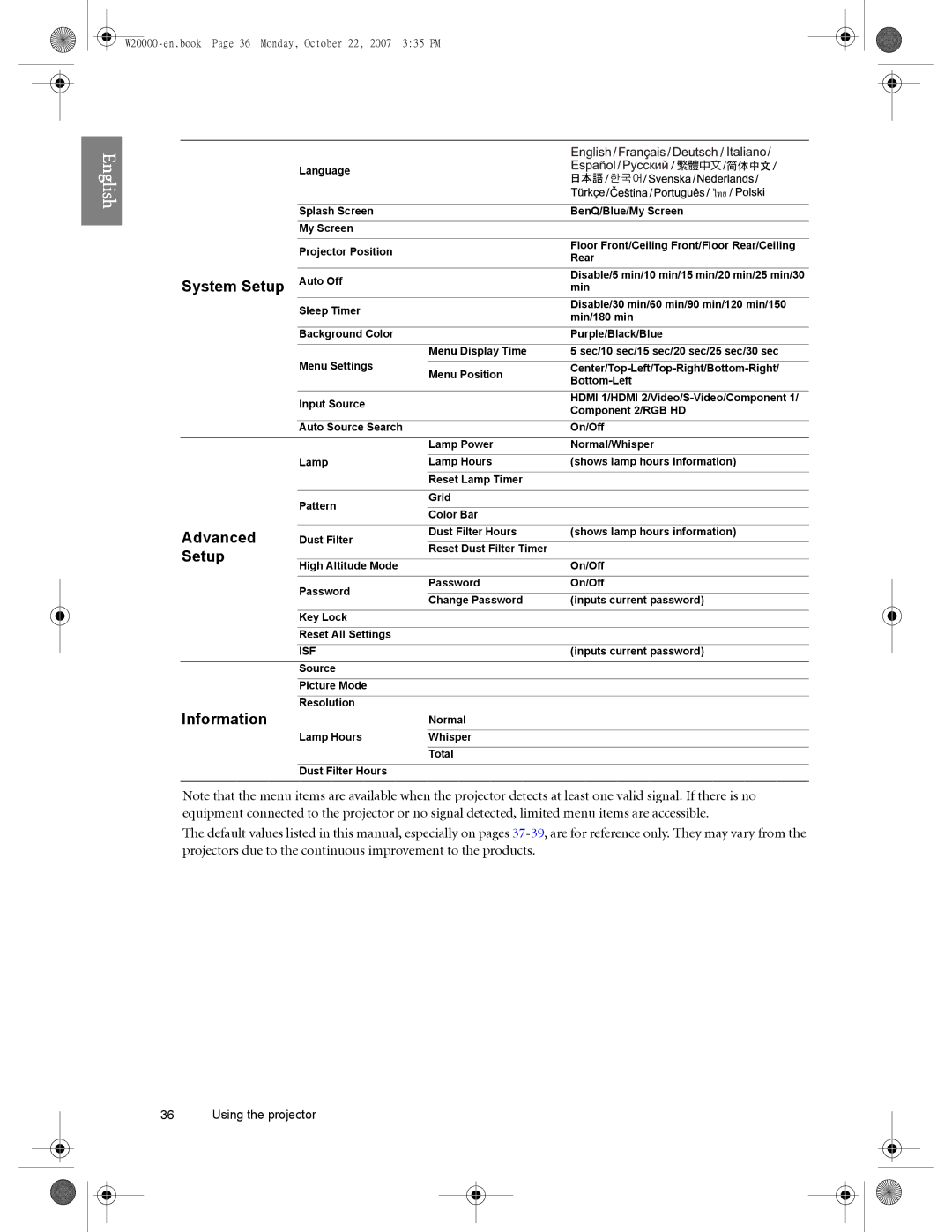 BenQ W20000, W5000 user manual System Setup, Information 