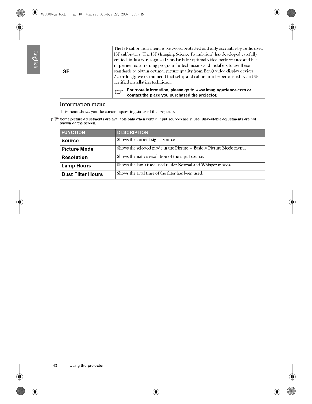 BenQ W20000, W5000 user manual Information menu, Source, Resolution, Lamp Hours, Dust Filter Hours 