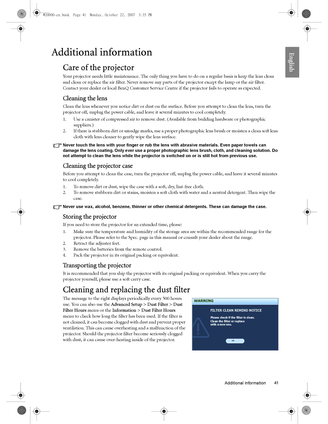 BenQ W5000, W20000 user manual Additional information, Care of the projector 