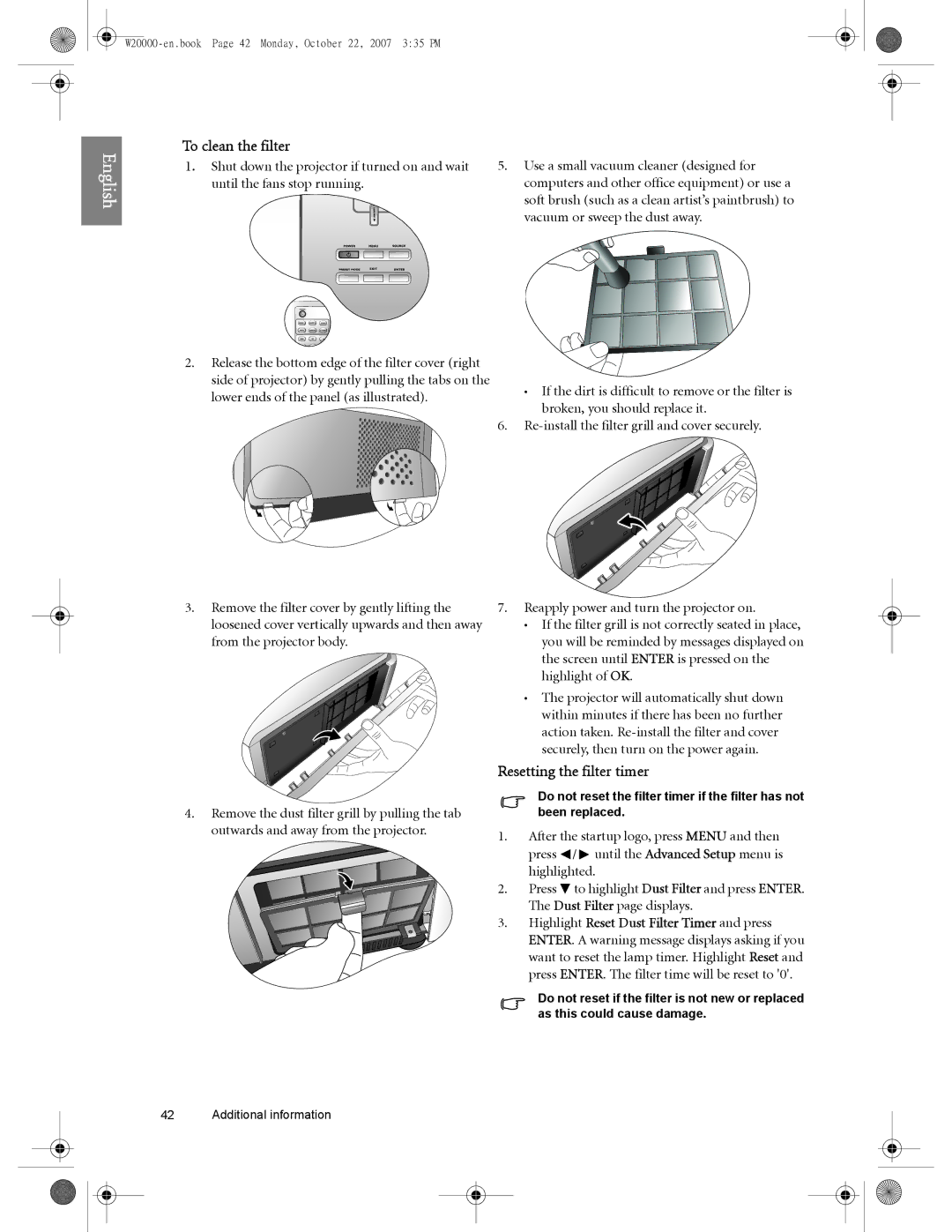 BenQ W20000, W5000 user manual To clean the filter, Resetting the filter timer 