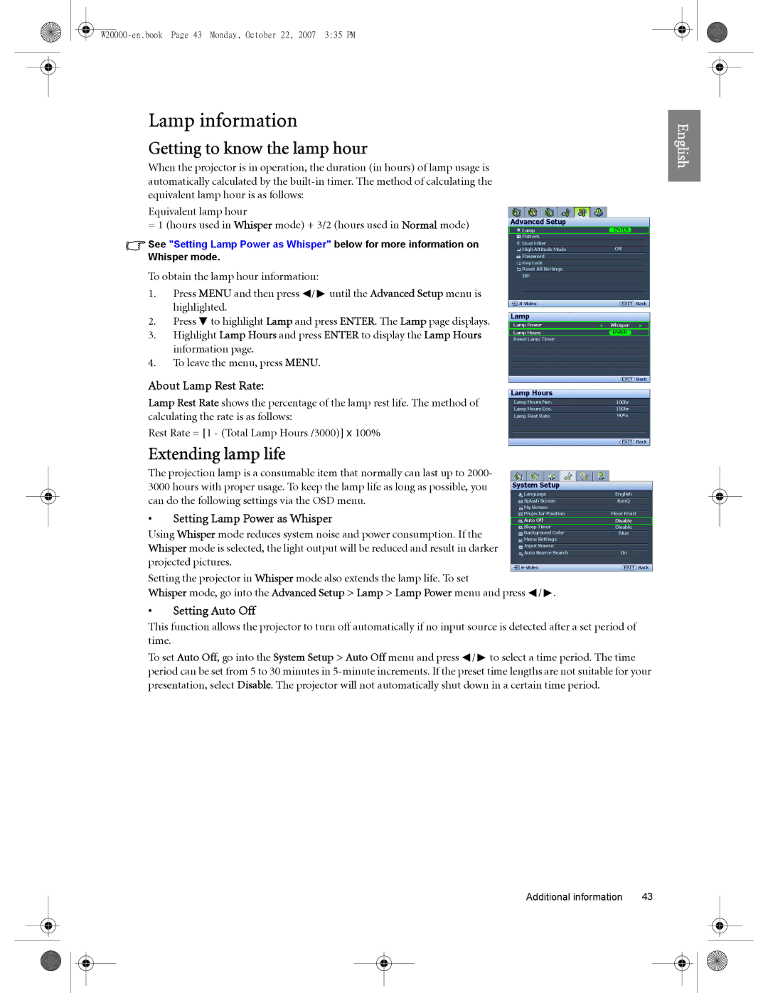 BenQ W5000 Lamp information, Getting to know the lamp hour, Extending lamp life, About Lamp Rest Rate, Setting Auto Off 