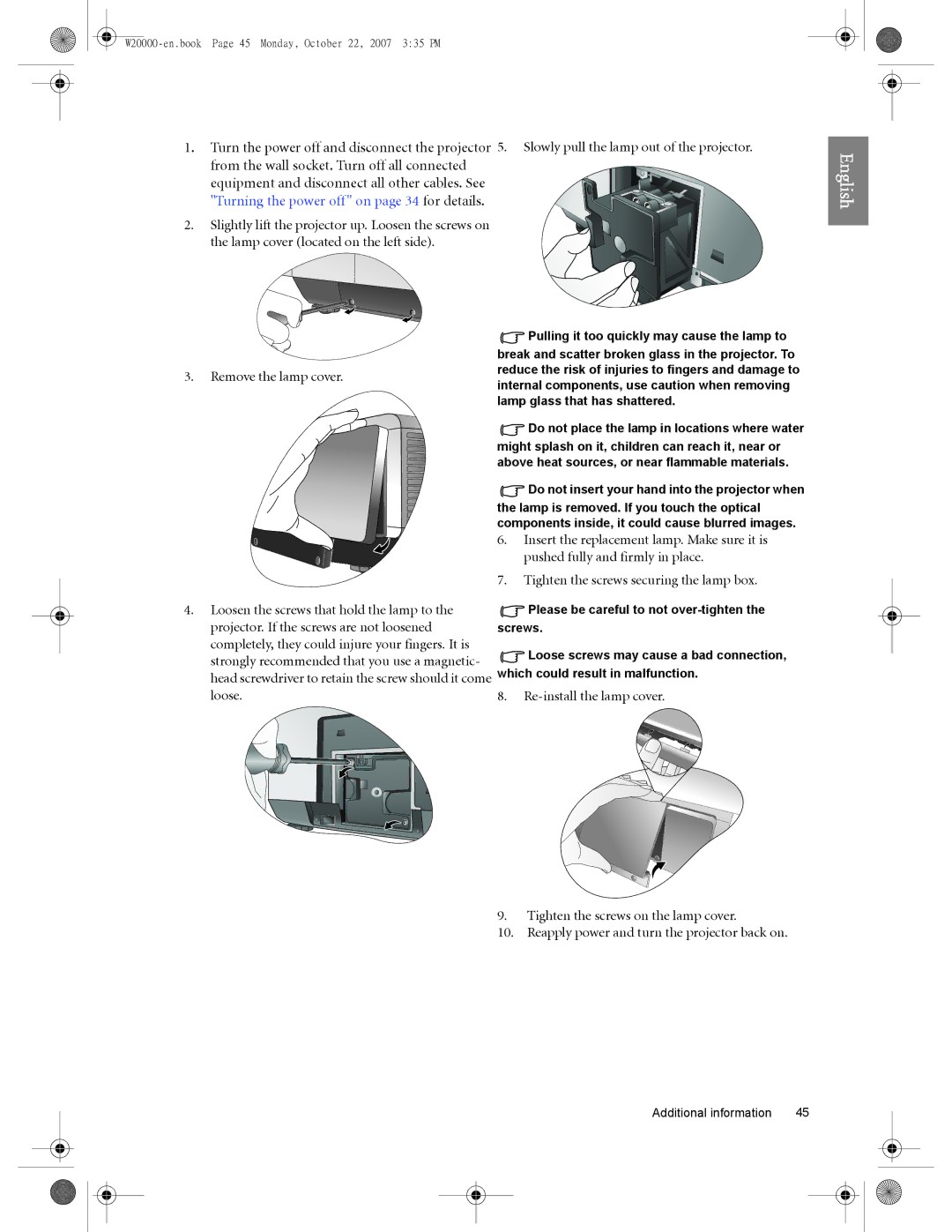 BenQ W5000, W20000 user manual Tighten the screws securing the lamp box, Pulling it too quickly may cause the lamp to 