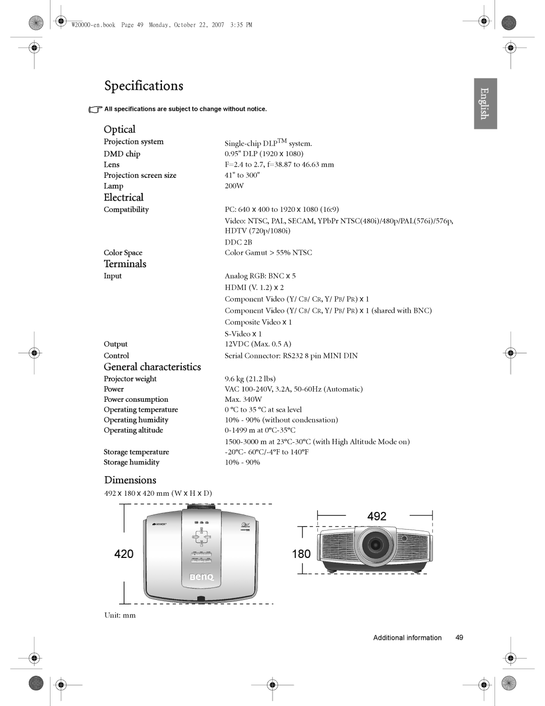 BenQ W5000, W20000 user manual Specifications, Optical, Electrical, Terminals, Dimensions 