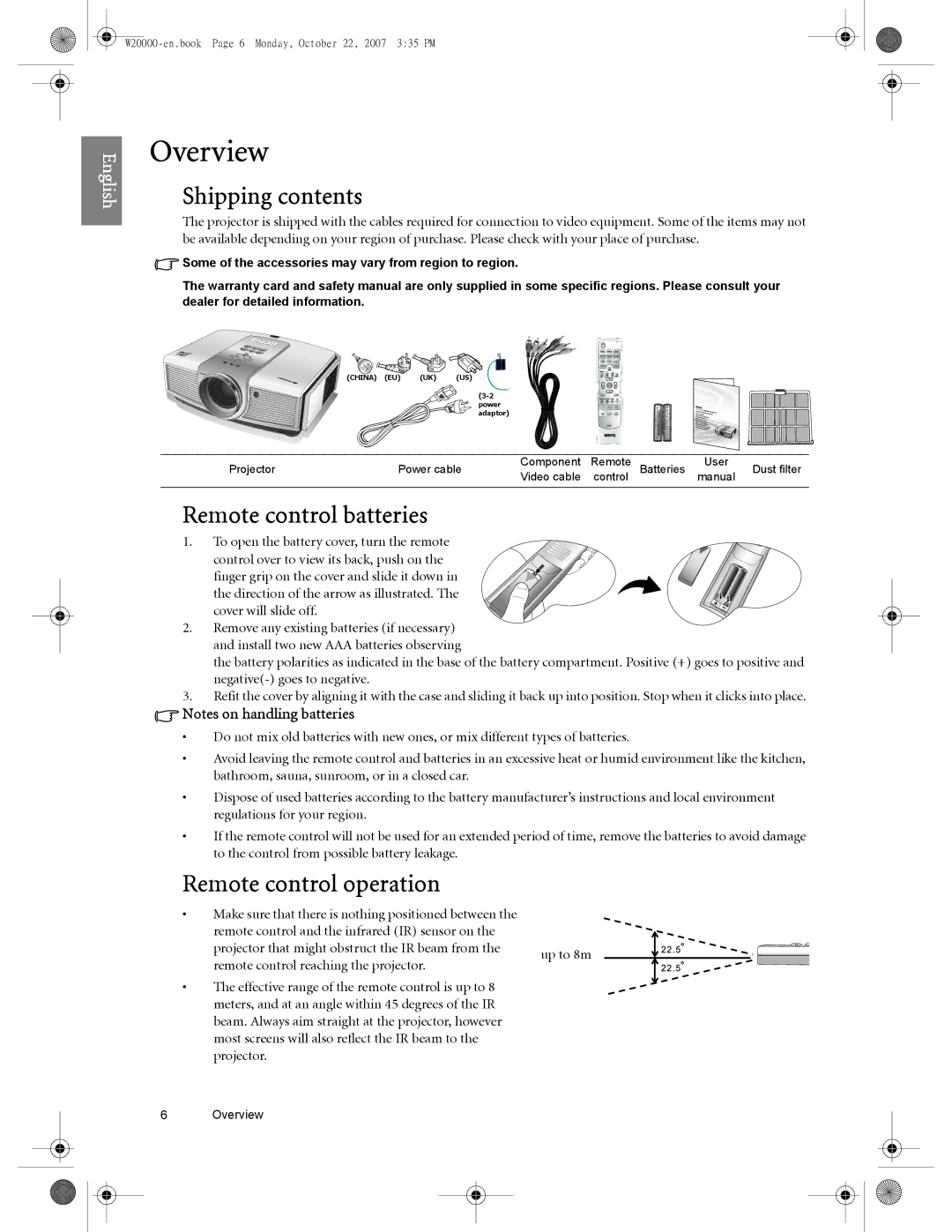 BenQ W20000, W5000 user manual Overview, Shipping contents, Remote control batteries, Remote control operation 