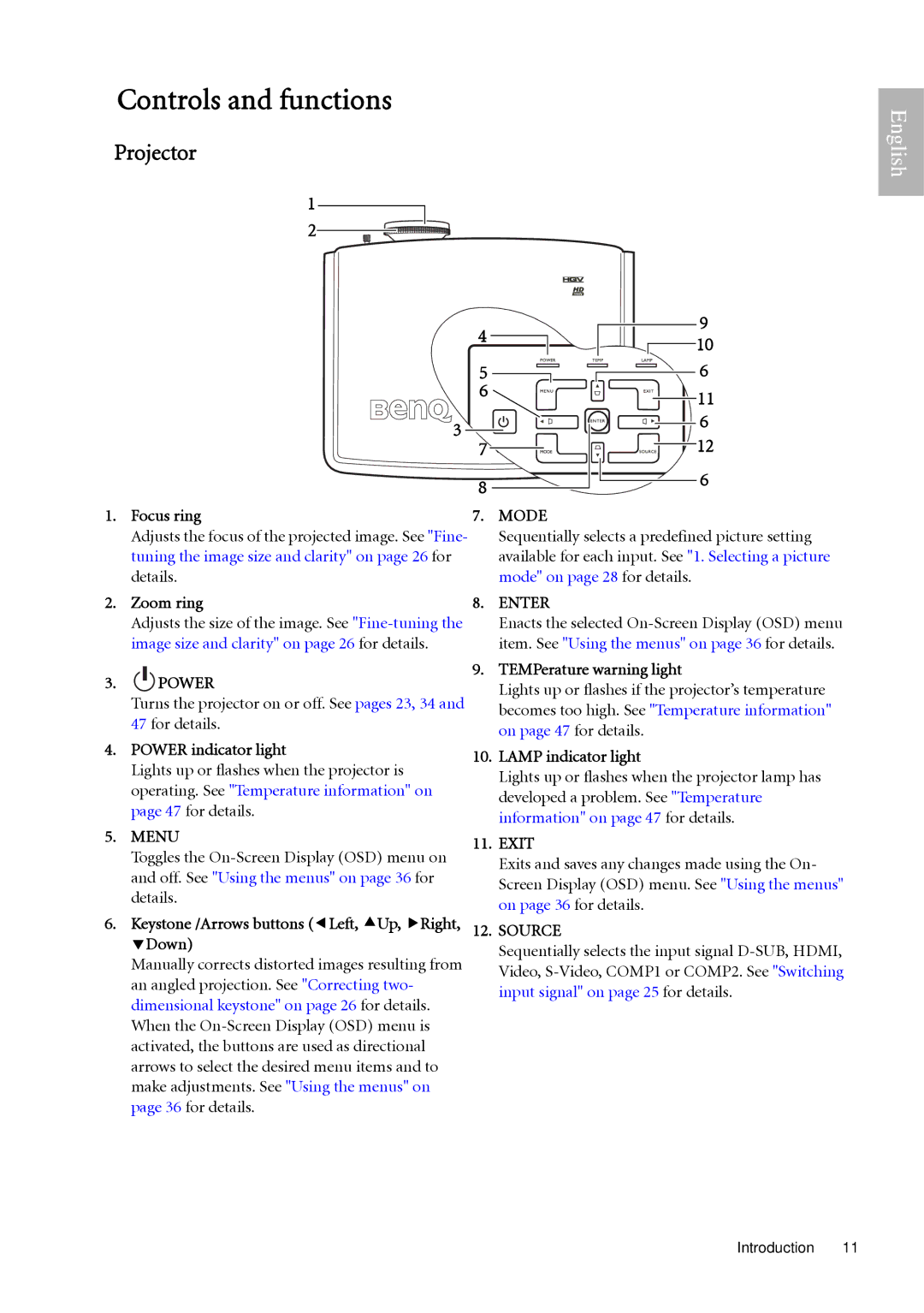 BenQ W500 user manual Controls and functions, Projector 