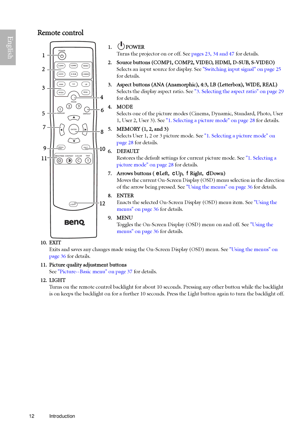 BenQ W500 user manual Remote control 