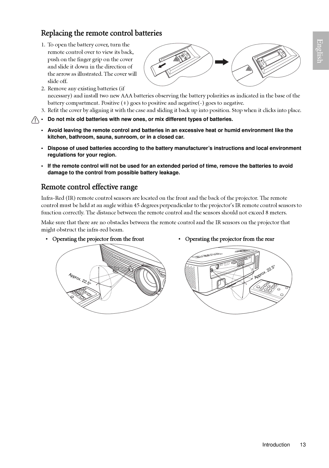 BenQ W500 user manual Replacing the remote control batteries, Remote control effective range 