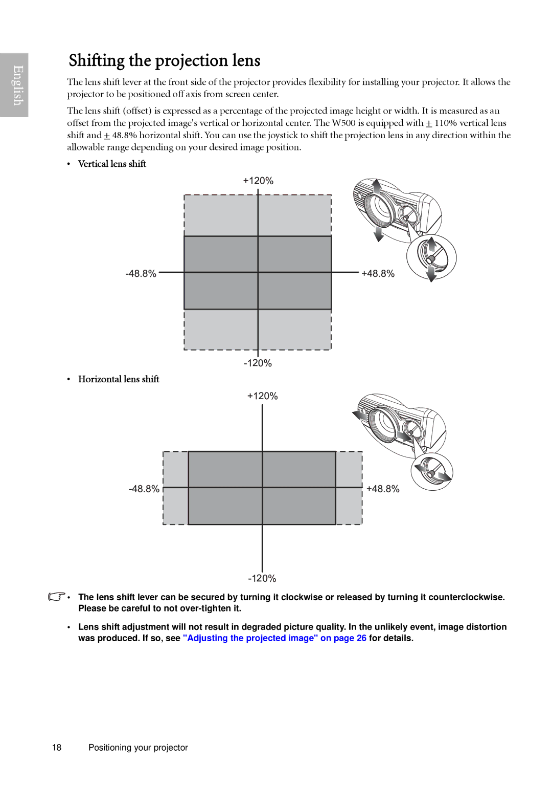 BenQ W500 user manual Shifting the projection lens, Vertical lens shift Horizontal lens shift 