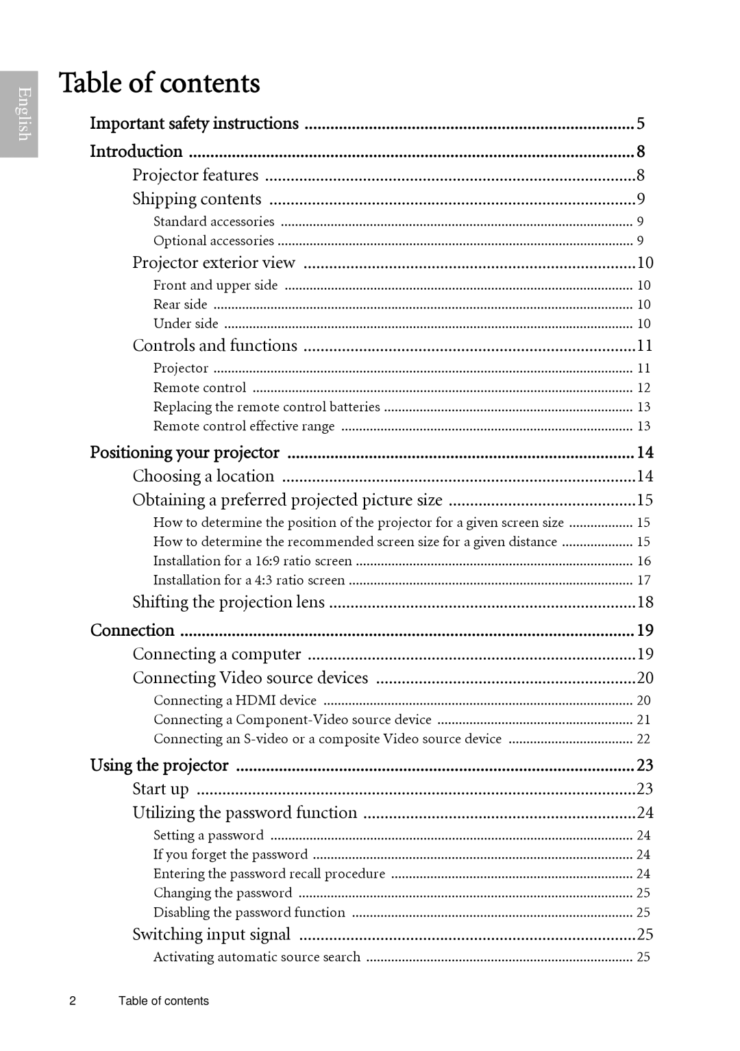 BenQ W500 user manual Table of contents 