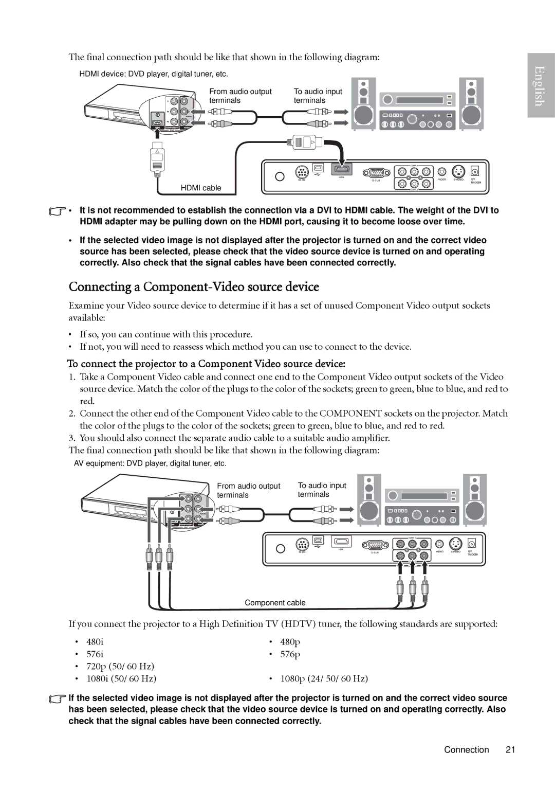 BenQ W500 Connecting a Component-Video source device, To connect the projector to a Component Video source device 