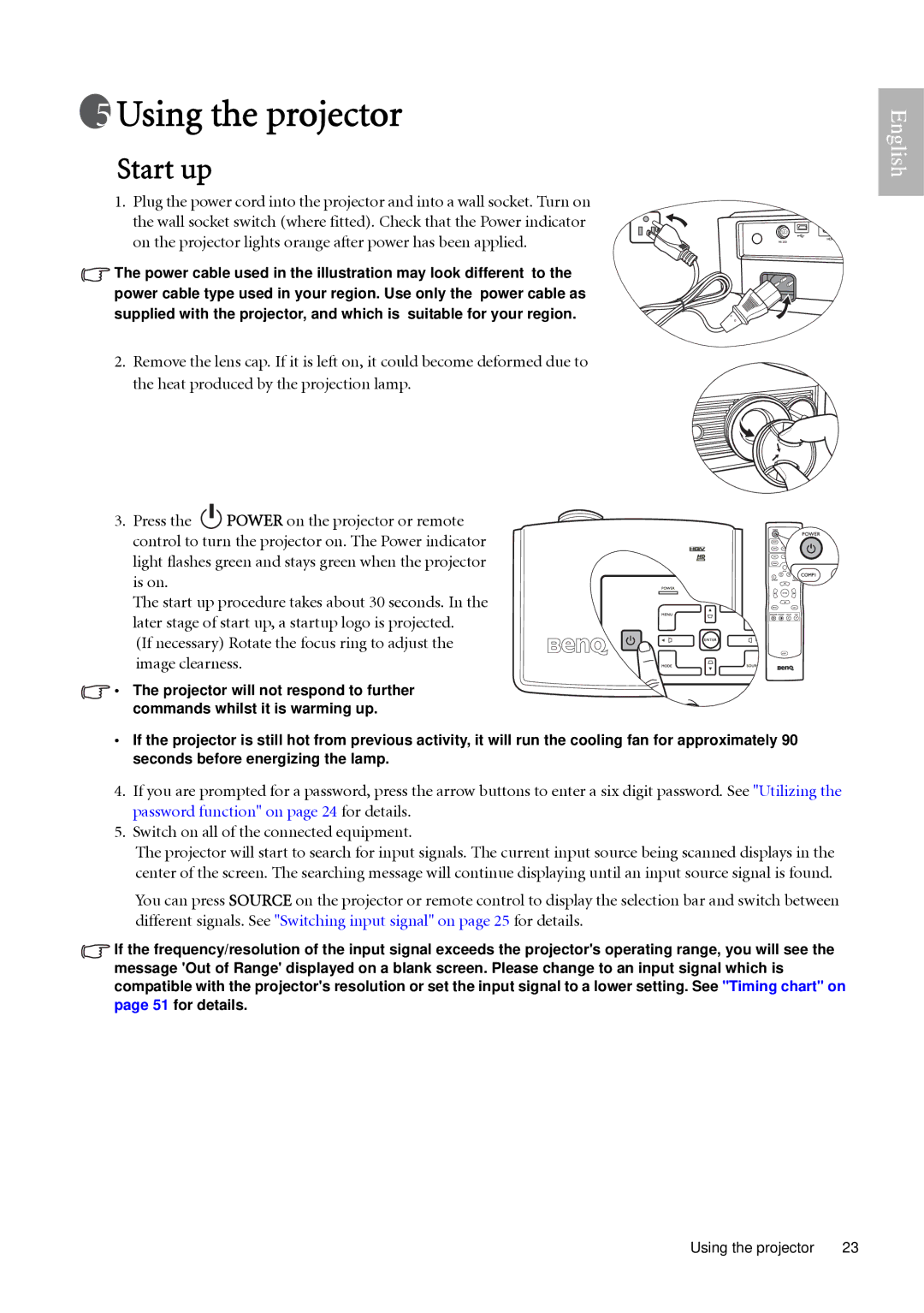 BenQ W500 user manual Using the projector, Start up 