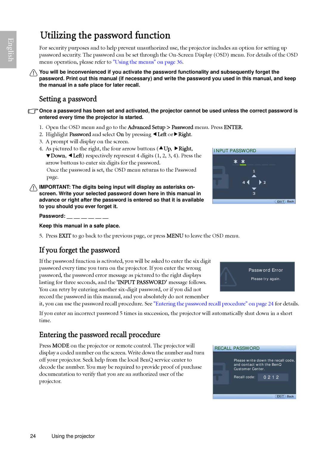 BenQ W500 user manual Utilizing the password function, Setting a password, If you forget the password 