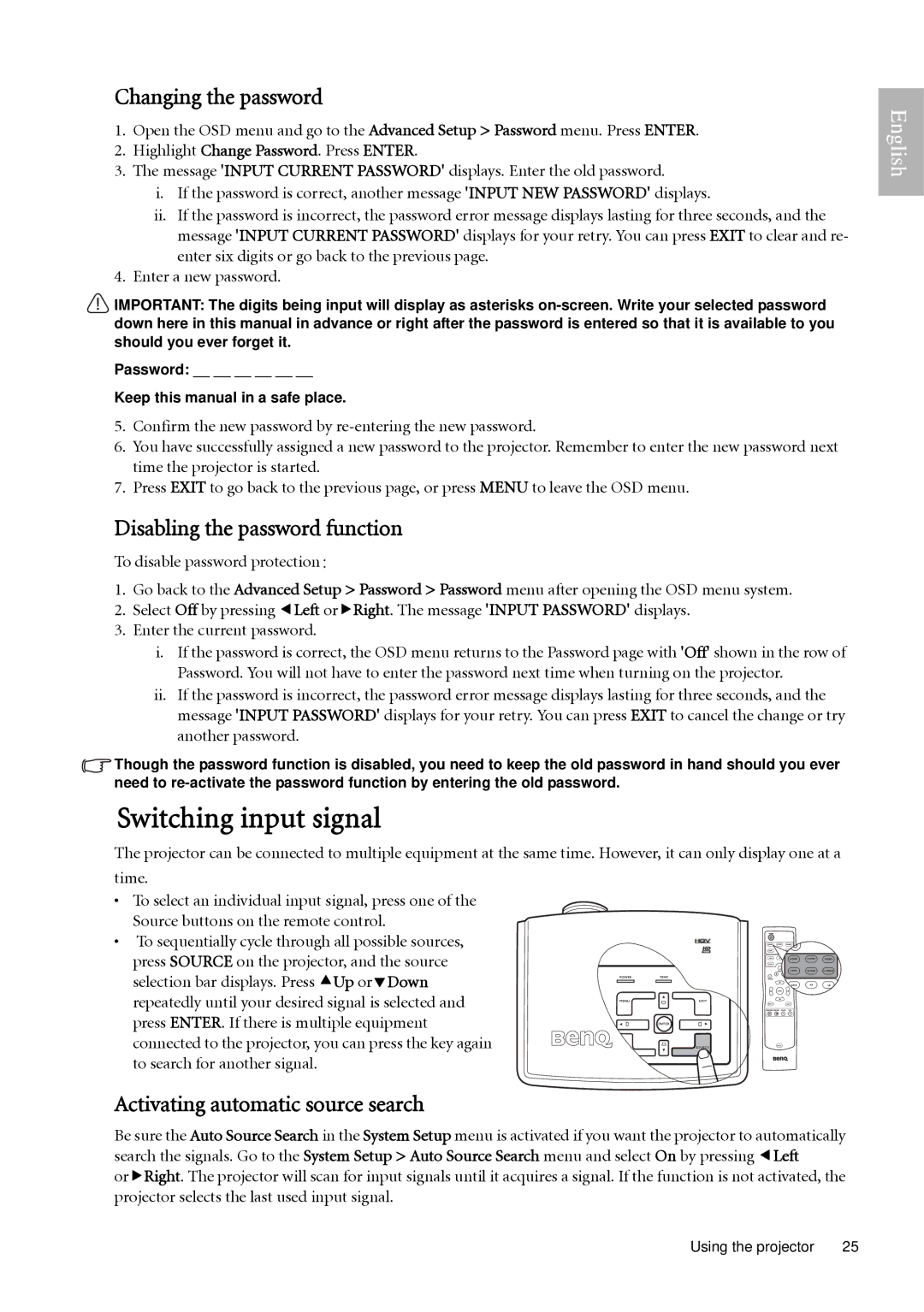 BenQ W500 user manual Switching input signal, Changing the password, Disabling the password function 